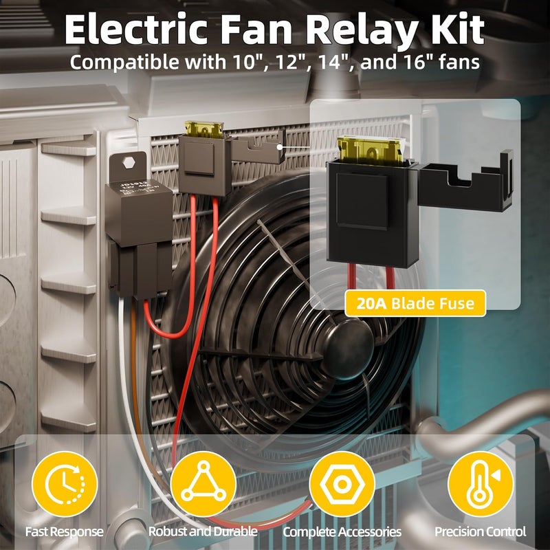 Joinfworld Electric Fan Relay Kit Radiator 185 On 175 Off Temperature Switch, 40 AMP Cooling Fan Thermostat Kit Waterproof 12V Relay - Image 2